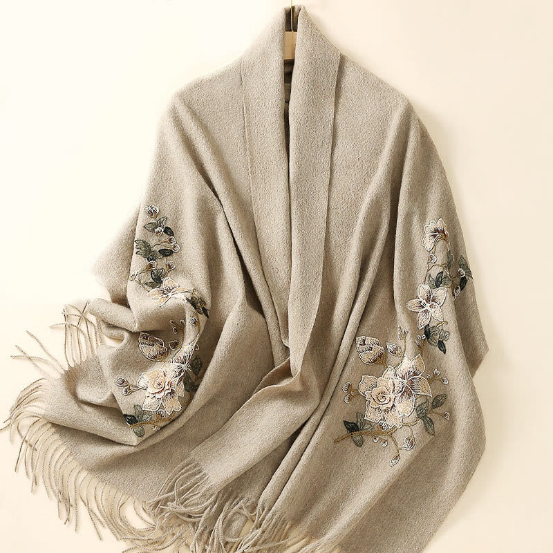 Szal z wełny z Buddha Stones, biały, pomarańczowy, haftowany kwiat, frędzle, zimowy, przytulny szalik podróżny - image 9