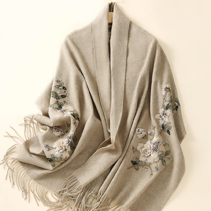 Szal z wełny z Buddha Stones, biały, pomarańczowy, haftowany kwiat, frędzle, zimowy, przytulny szalik podróżny - image 9