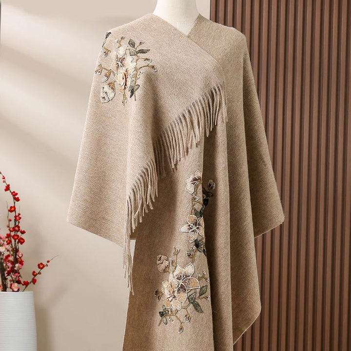 Szal z wełny z Buddha Stones, biały, pomarańczowy, haftowany kwiat, frędzle, zimowy, przytulny szalik podróżny - Dębnik - 200*60 cm - image 2