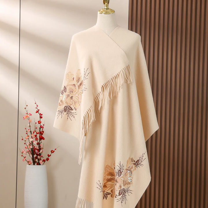 Buddha Stones Wełniany Szal Kwiat Cekinowy Haft Chwost Zimowy Przytulny Podróżny Szalik Otulacz