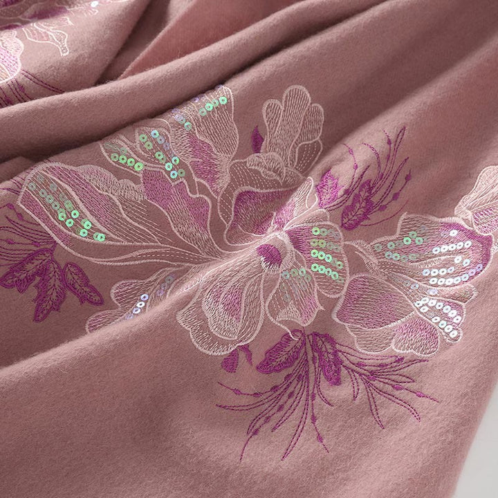 Buddha Stones Wełniany Szal Kwiat Cekinowy Haft Chwost Zimowy Przytulny Podróżny Szalik Otulacz - image 2