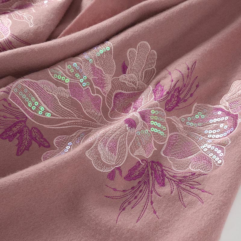 Buddha Stones Wełniany Szal Kwiat Cekinowy Haft Chwost Zimowy Przytulny Podróżny Szalik Otulacz