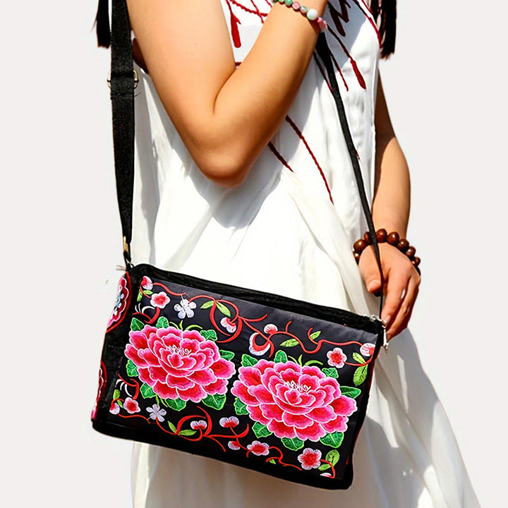 Buddha Stones Galsang Inula Kwiat Piwonia Paw Dwustronny Haft Płótno Torebka Na Zakupy Torebka Torebka Crossbody