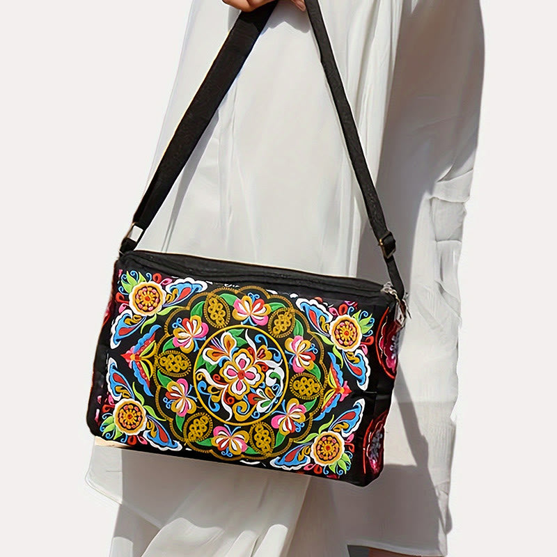 Buddha Stones Galsang Inula Kwiat Piwonia Paw Dwustronny Haft Płótno Torebka Na Zakupy Torebka Torebka Crossbody