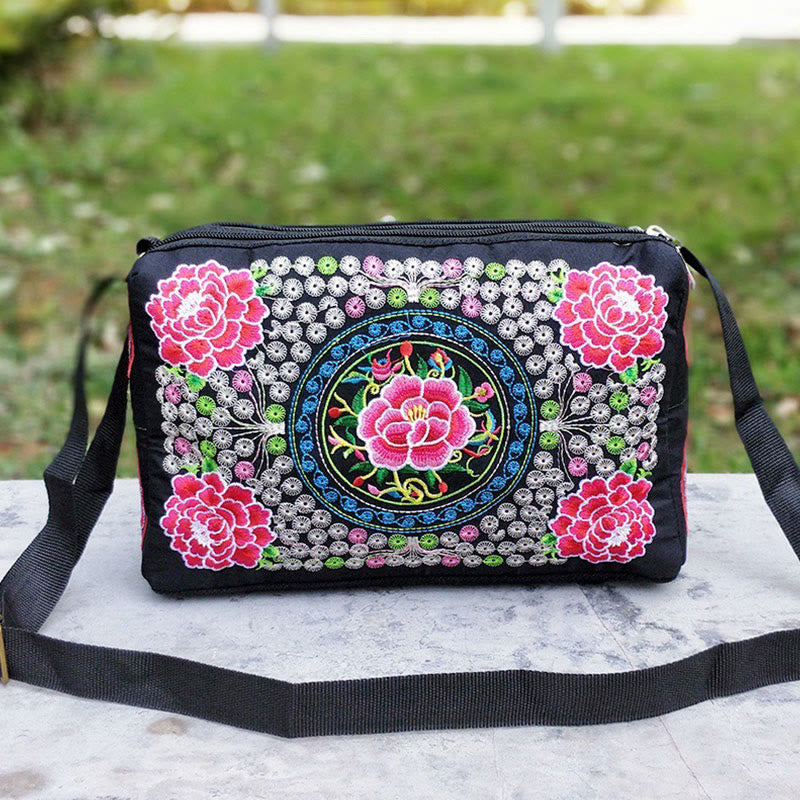 Buddha Stones Galsang Inula Kwiat Piwonia Paw Dwustronny Haft Płótno Torebka Na Zakupy Torebka Torebka Crossbody