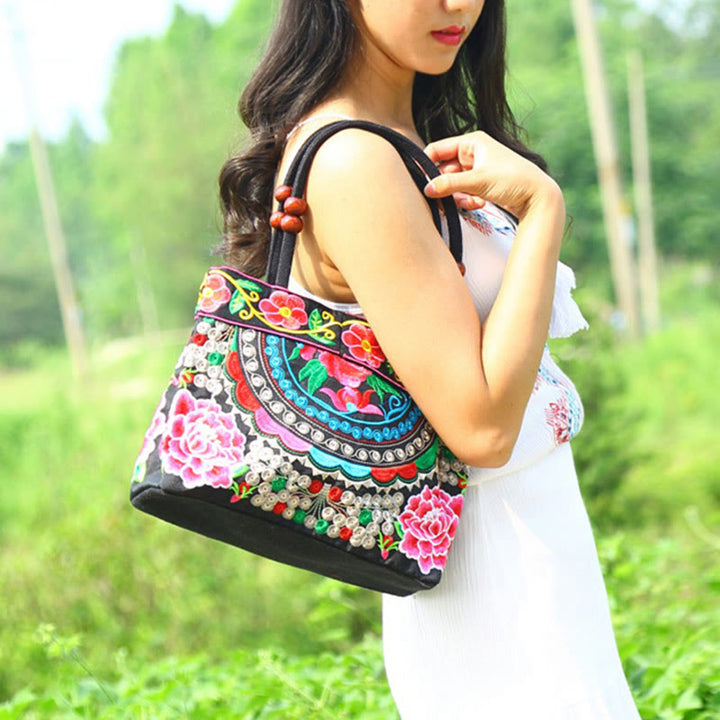 Buddha Stones Drzewo Pieniędzy Piwonia Feniks Kwiat Jabłoni Haft Dwustronny Płótno Bawełniane Torebka Na Zakupy Torebka