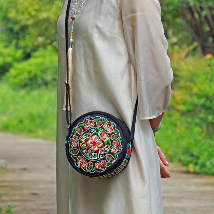 Buddha Stones Drzewo Pieniędzy Galsang Inula Kwiat Piwonia Róża Paw Dwustronny Haft Płótno Torebka Na Zakupy Torebka Torebka Crossbody