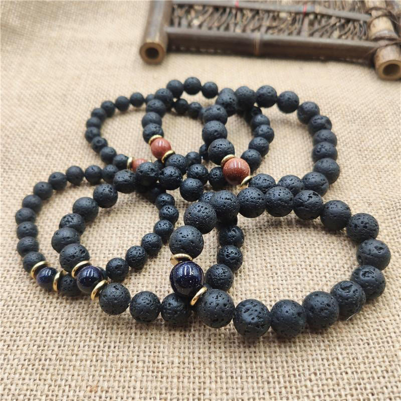 Bransoletka lecznicza z Buddha Stones , kamieniami lawowymi, kamieniami złotymi i niebieskim piaskowcem