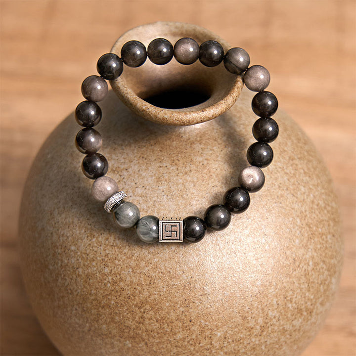 Buddha Stones Czarny Obsydian Orle Oko Kamień Siła Odwaga Bransoletka