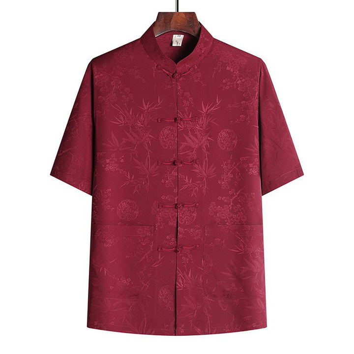 Buddha Stones Kwiat Brzoskwiniowy Strój Tang Hanfu Tradycyjny Mundur Krótki Rękaw Top Spodnie Odzież Męski Zestaw - Czerwony Top - US/UK/AU42， EU52 (3XL) - image 6