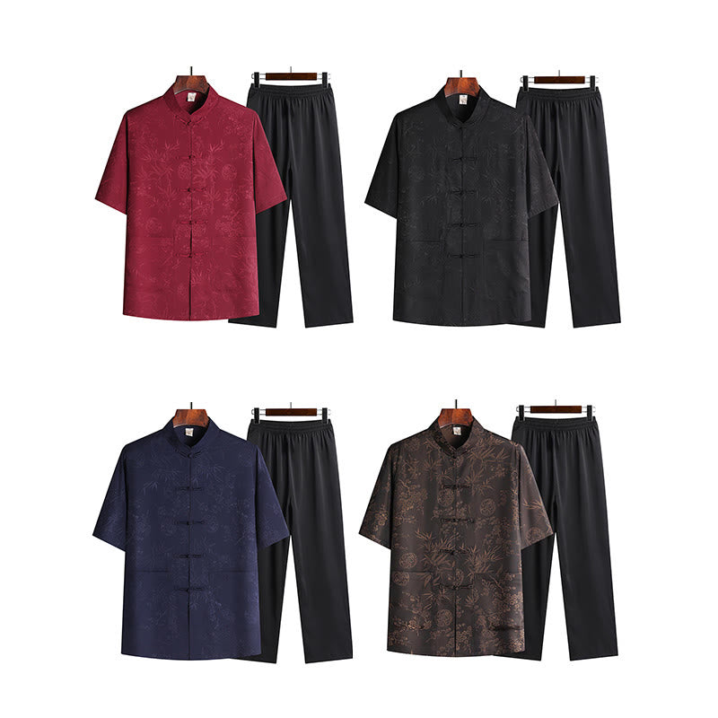 Buddha Stones Kwiat Brzoskwiniowy Strój Tang Hanfu Tradycyjny Mundur Krótki Rękaw Top Spodnie Odzież Męski Zestaw - image 13