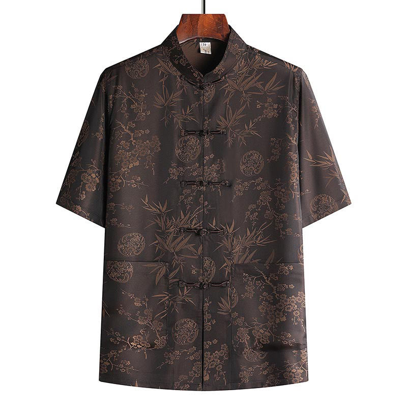 Buddha Stones Kwiat Brzoskwiniowy Strój Tang Hanfu Tradycyjny Mundur Krótki Rękaw Top Spodnie Odzież Męski Zestaw - Brązowy Top - US/UK/AU42， EU52 (3XL) - image 5