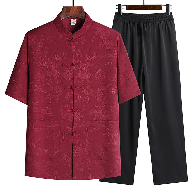 Buddha Stones Kwiat Brzoskwiniowy Strój Tang Hanfu Tradycyjny Mundur Krótki Rękaw Top Spodnie Odzież Męski Zestaw - Czerwony (top i spodnie) - US/UK/AU42， EU52 (3XL) - image 1