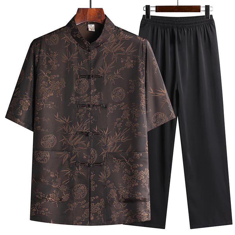 Buddha Stones Kwiat Brzoskwiniowy Strój Tang Hanfu Tradycyjny Mundur Krótki Rękaw Top Spodnie Odzież Męski Zestaw - Brązowy (top i spodnie) - US/UK/AU42， EU52 (3XL) - image 0
