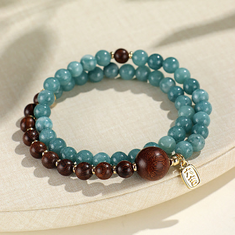 Buddha Stones Niebieski Chalcedon Zielone Drzewo Sandałowe Mały Liść Czerwone Drzewo Sandałowe Podwójnie Owijana Bransoletka Emocjonalna Równowaga