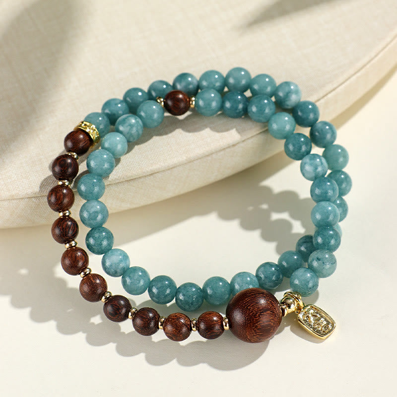 Buddha Stones Niebieski Chalcedon Zielone Drzewo Sandałowe Mały Liść Czerwone Drzewo Sandałowe Podwójnie Owijana Bransoletka Emocjonalna Równowaga