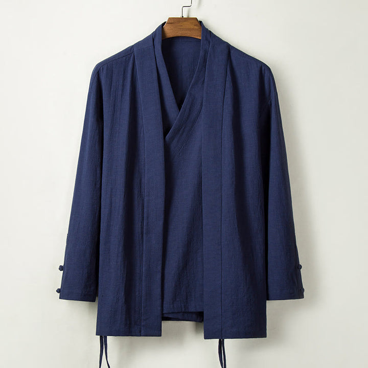 Buddha Stones Upadek Chiński Hanfu Bawełna Lniana Męska Kurtka Odzież - Stalowoniebieski - US/UK/AU44， EU54 (4XL) - image 0