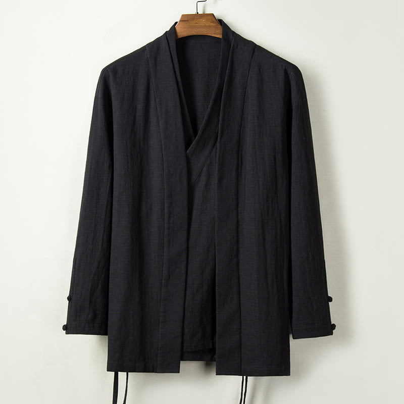 Buddha Stones Upadek Chiński Hanfu Bawełna Lniana Męska Kurtka Odzież - Czarny - US/UK/AU44， EU54 (4XL) - image 4