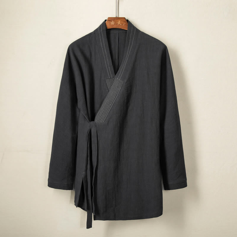 Buddha Stones Prosta Jesień Sznurowana Bawełna Lniana Męska Kurtka Płaszcz Zen Odzież - Czarny - US/UK/AU44， EU54 (4XL) - image 0