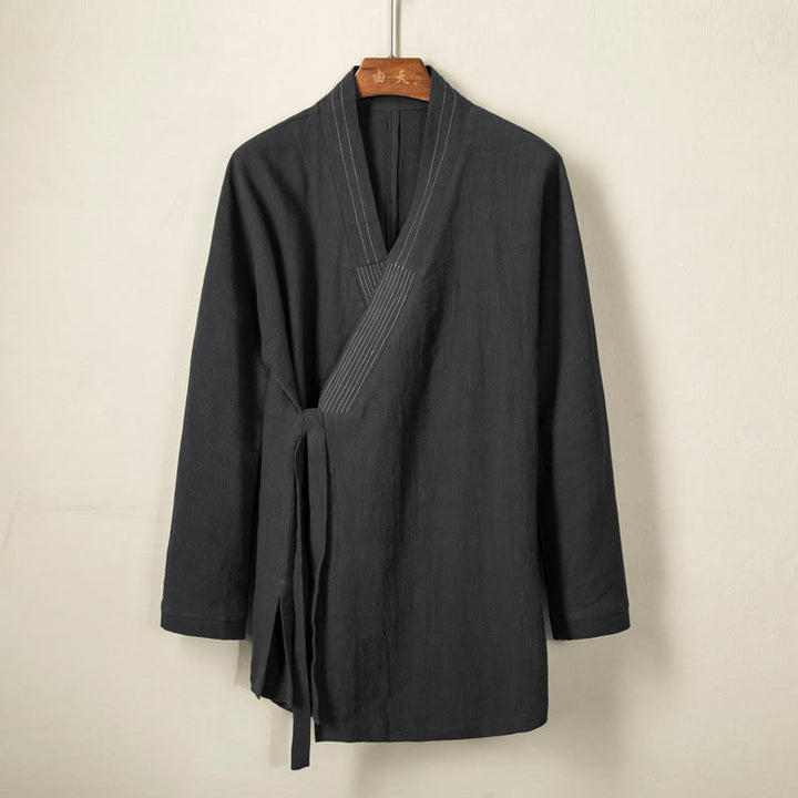 Buddha Stones Prosta Jesień Sznurowana Bawełna Lniana Męska Kurtka Płaszcz Zen Odzież - Czarny - US/UK/AU44， EU54 (4XL) - image 0