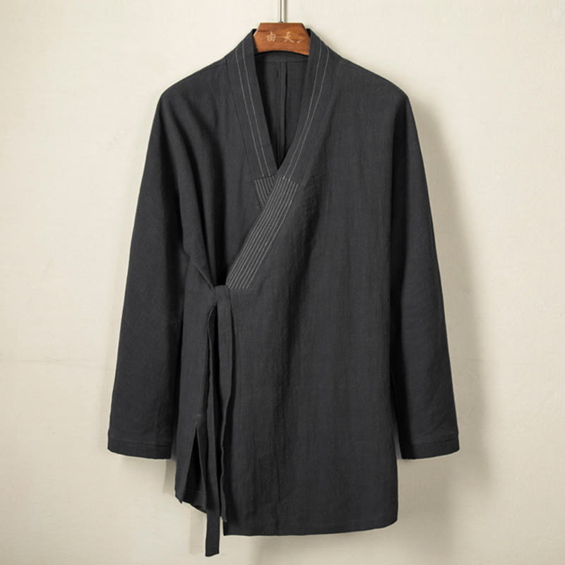 Buddha Stones Prosta Jesień Sznurowana Bawełna Lniana Męska Kurtka Płaszcz Zen Odzież - image 6