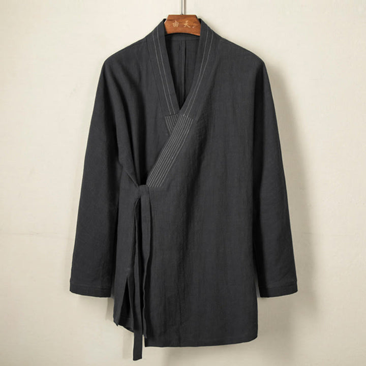 Buddha Stones Prosta Jesień Sznurowana Bawełna Lniana Męska Kurtka Płaszcz Zen Odzież - image 6