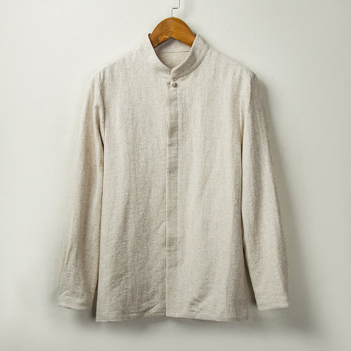 Koszula z długim rękawem Buddha Stones Fall Solid Button Cotton Linen Men Clothing - Bielizna - US/UK/AU44， EU54 (4XL) - image 0
