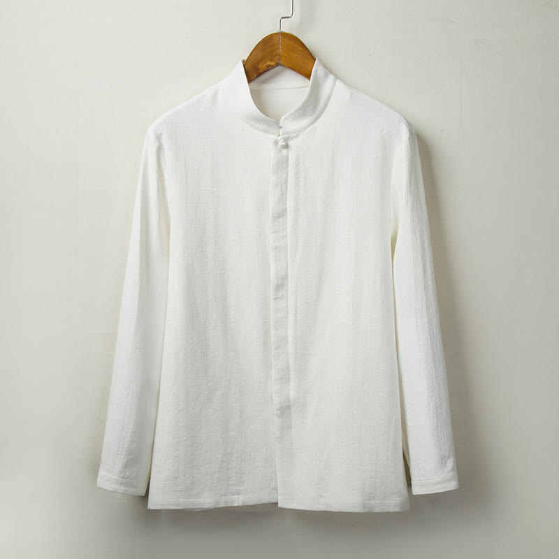 Koszula z długim rękawem Buddha Stones Fall Solid Button Cotton Linen Men Clothing - Biały - US/UK/AU44， EU54 (4XL) - image 2