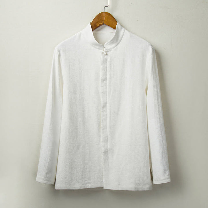 Koszula z długim rękawem Buddha Stones Fall Solid Button Cotton Linen Men Clothing - Biały - US/UK/AU44， EU54 (4XL) - image 2