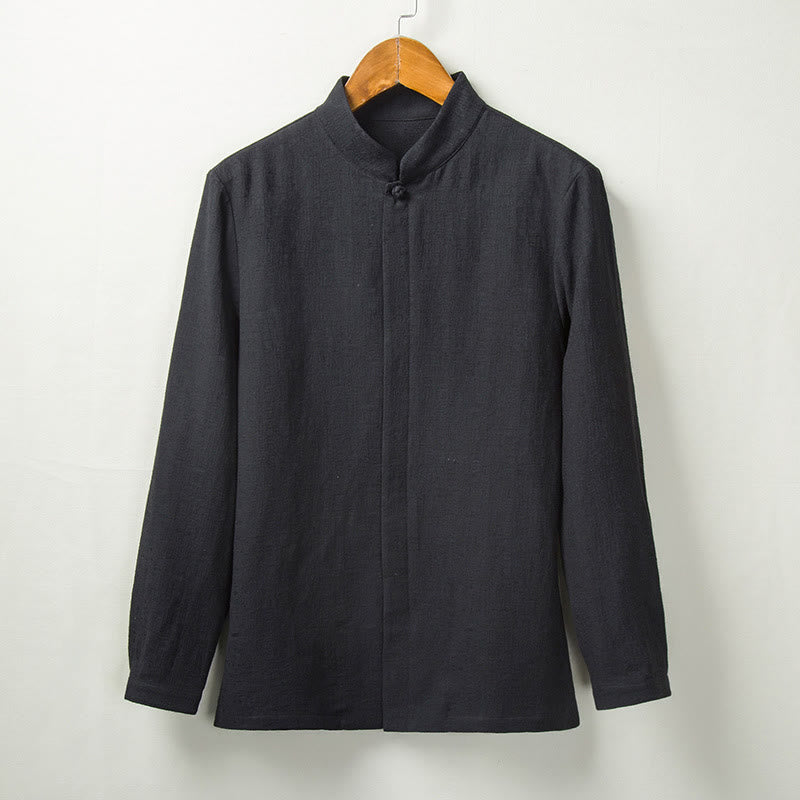 Koszula z długim rękawem Buddha Stones Fall Solid Button Cotton Linen Men Clothing - Czarny - US/UK/AU44， EU54 (4XL) - image 4