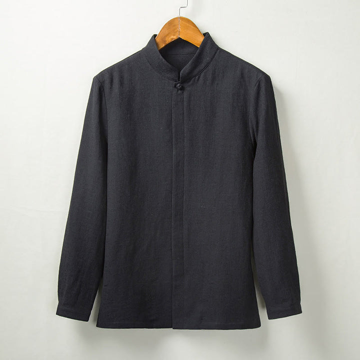 Koszula z długim rękawem Buddha Stones Fall Solid Button Cotton Linen Men Clothing - Czarny - US/UK/AU44， EU54 (4XL) - image 4