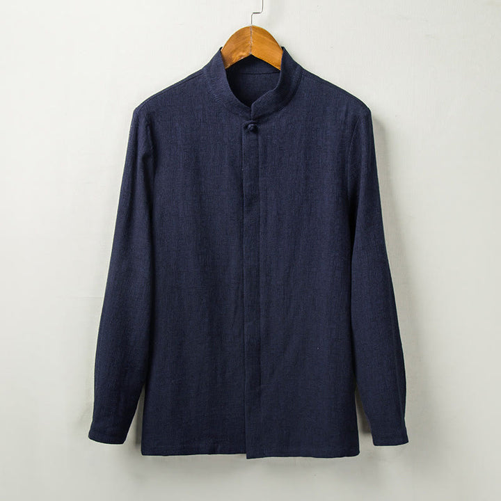 Koszula z długim rękawem Buddha Stones Fall Solid Button Cotton Linen Men Clothing - Stalowoniebieski - US/UK/AU44， EU54 (4XL) - image 6