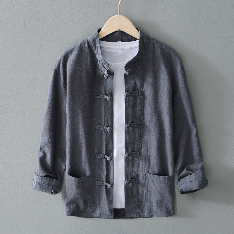 Koszula męska z kieszeniami, bawełniana, lniana, z Buddha Stones i żabą na guziki, w chińskim stroju tang - Szary - US/UK/AU50, EU60 (5XL) - image 0