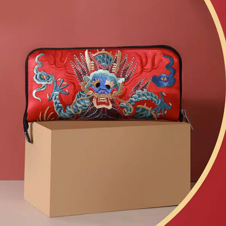 Buddha Stones Mityczna Bestia Feniks Smok Qilin Su Haft Bilet Folder Przechowywanie Podróż Zakupy Torebka Torebka