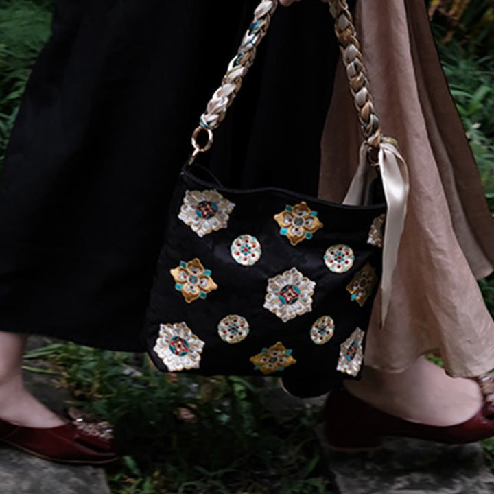 Buddha Stones Satyna Su Haft Podróż Zakupy Torba na ramię Torebka Torebka Crossbody