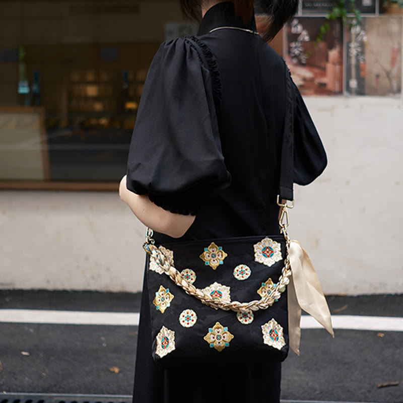 Buddha Stones Satyna Su Haft Podróż Zakupy Torba na ramię Torebka Torebka Crossbody