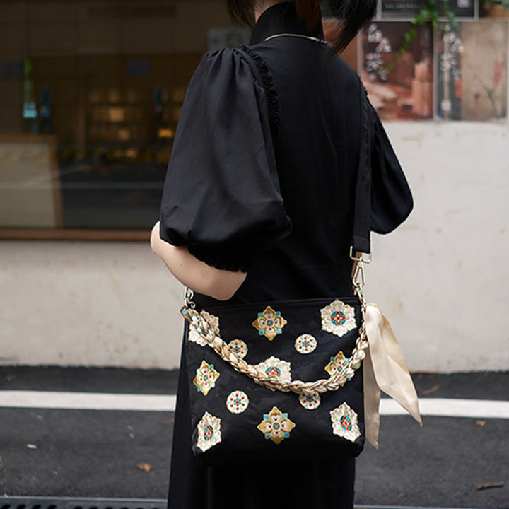 Buddha Stones Satyna Su Haft Podróż Zakupy Torba na ramię Torebka Torebka Crossbody