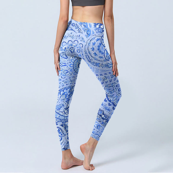 Buddha Stones w stylu perskim RoyalBlue White Flowers Pattern Print Legginsy do ćwiczeń damskie spodnie do jogi - image 5