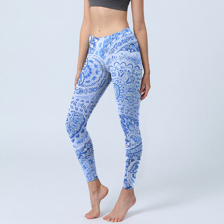 Buddha Stones w stylu perskim RoyalBlue White Flowers Pattern Print Legginsy do ćwiczeń damskie spodnie do jogi - RoyalBlue - US18, UK/AU22, EU50 (4XL) - image 1