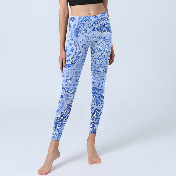 Buddha Stones w stylu perskim RoyalBlue White Flowers Pattern Print Legginsy do ćwiczeń damskie spodnie do jogi - image 5