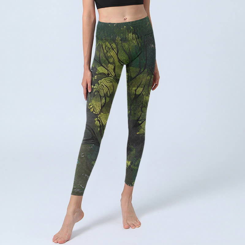 Buddha Stones ForestGreen Leaves Black Lines Print Legginsy do ćwiczeń damskie spodnie do jogi - image 6