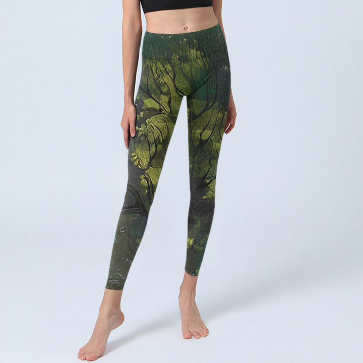 Buddha Stones ForestGreen Leaves Black Lines Print Legginsy do ćwiczeń damskie spodnie do jogi - image 5