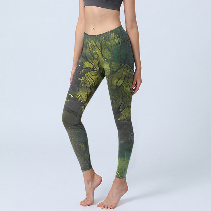 Buddha Stones ForestGreen Leaves Black Lines Print Legginsy do ćwiczeń damskie spodnie do jogi - ForestGreen - US18, UK/AU22, EU50 (4XL) - image 0