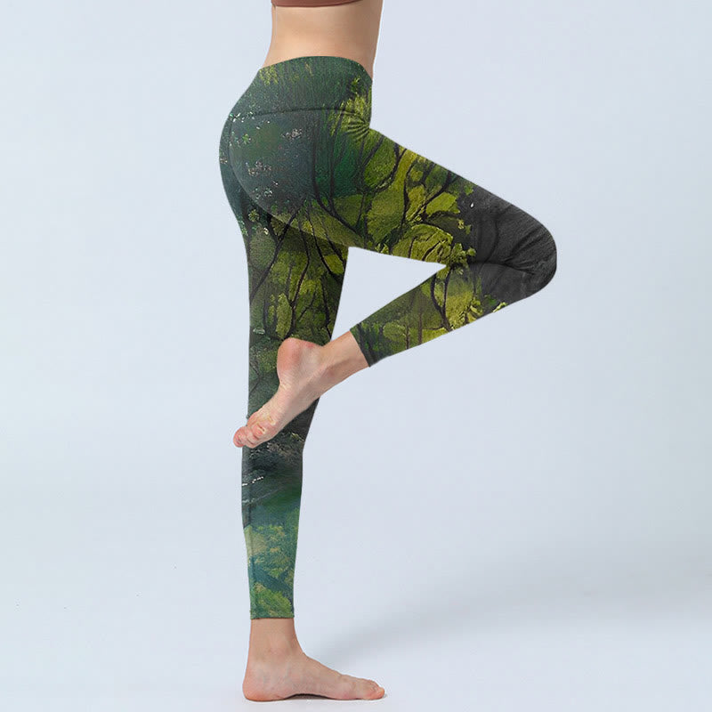 Buddha Stones ForestGreen Leaves Black Lines Print Legginsy do ćwiczeń damskie spodnie do jogi - image 3