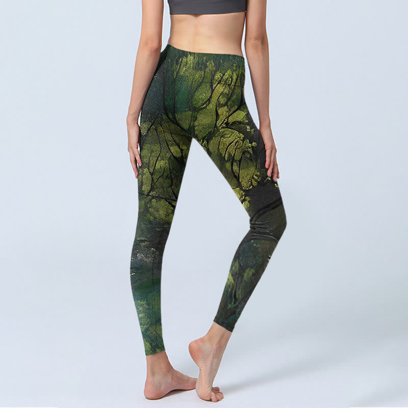 Buddha Stones ForestGreen Leaves Black Lines Print Legginsy do ćwiczeń damskie spodnie do jogi - image 4