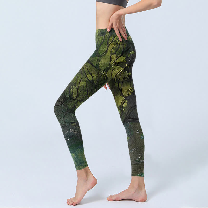 Buddha Stones ForestGreen Leaves Black Lines Print Legginsy do ćwiczeń damskie spodnie do jogi - image 2
