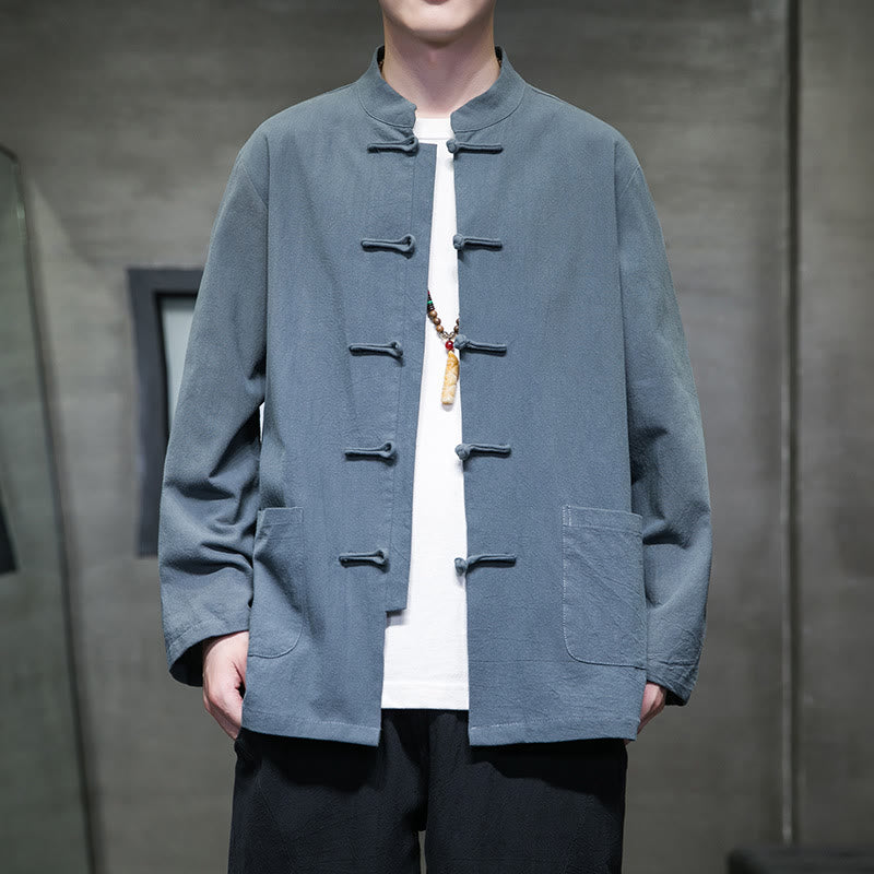 Buddha Stones Prosty Żabkowy Guzik Chiński Garnitur Tang Bawełniana Męska Kurtka Koszula Z Kieszeniami - PowderBlue - US/UK/AU46， EU56 (5XL) - image 12