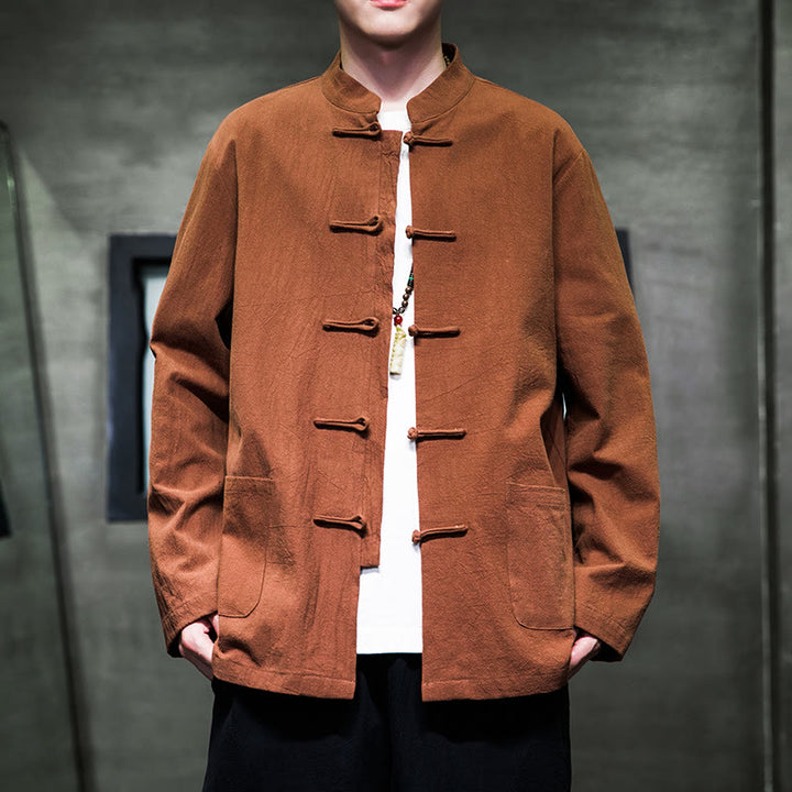 Buddha Stones Prosty Żabkowy Guzik Chiński Garnitur Tang Bawełniana Męska Kurtka Koszula Z Kieszeniami - SandyBrown - US/UK/AU46， EU56 (5XL) - image 24