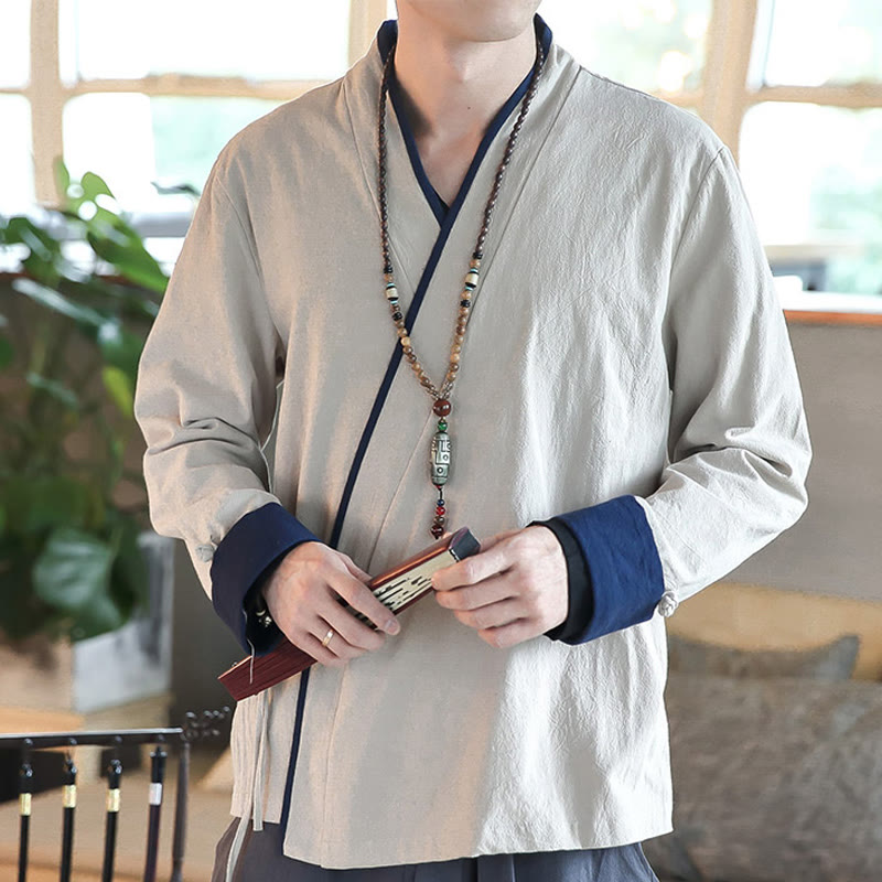 Koszula z długim rękawem Buddha Stones Fall Colorblock z lnu i sznurowania dla mężczyzn - FloralWhite - US/UK/AU46， EU56 (5XL) - image 10