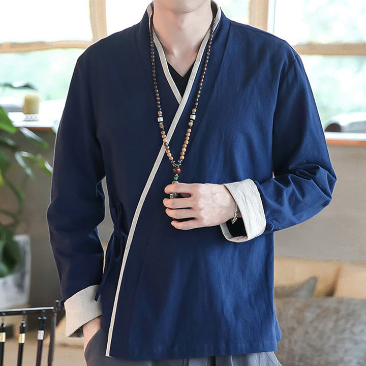 Koszula z długim rękawem Buddha Stones Fall Colorblock z lnu i sznurowania dla mężczyzn - Stalowoniebieski - US/UK/AU46， EU56 (5XL) - image 0